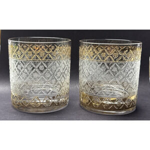 Vtg Lot of 2 Culver Glass Scintilla Village Old Fashioned Glass Rocks Gold As Is
